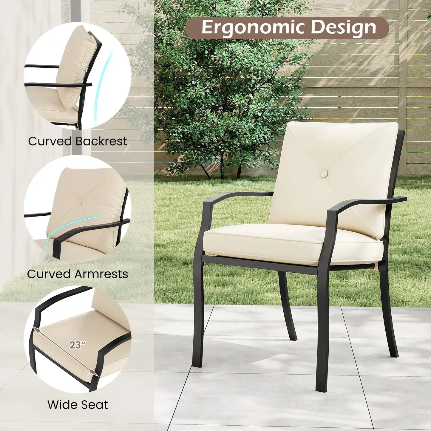 Stackable beige outdoor chairs set of 2 with curved back and armrests, metal frame DirectDeals on Tampa Home & Garden Store