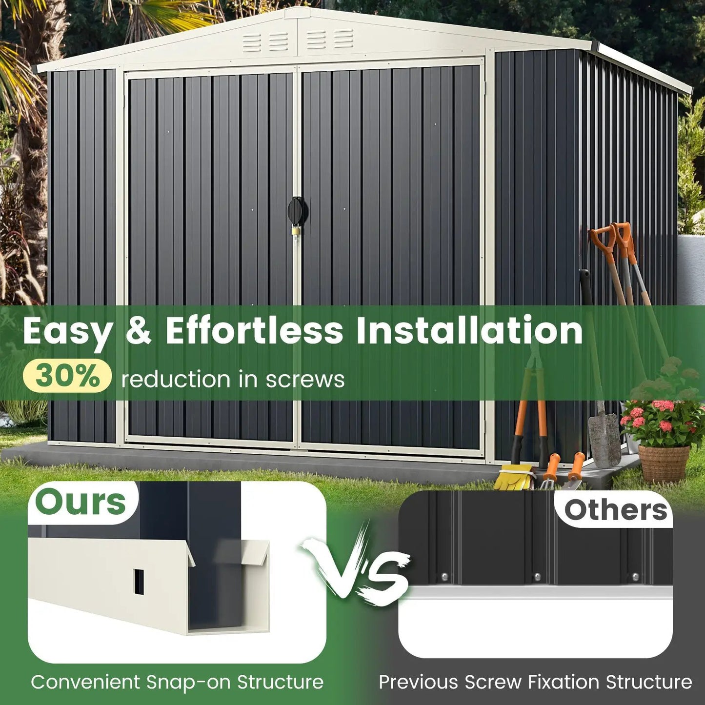 Metal outdoor storage shed with lockable double doors, gray panels and beige trim by DirectDeals on Tampa Home & Garden Store