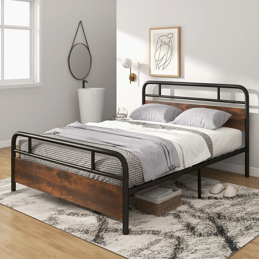 Queen size industrial bed frame with black metal rails and wood headboard DirectDeals platform bed on Tampa Home & Garden Store