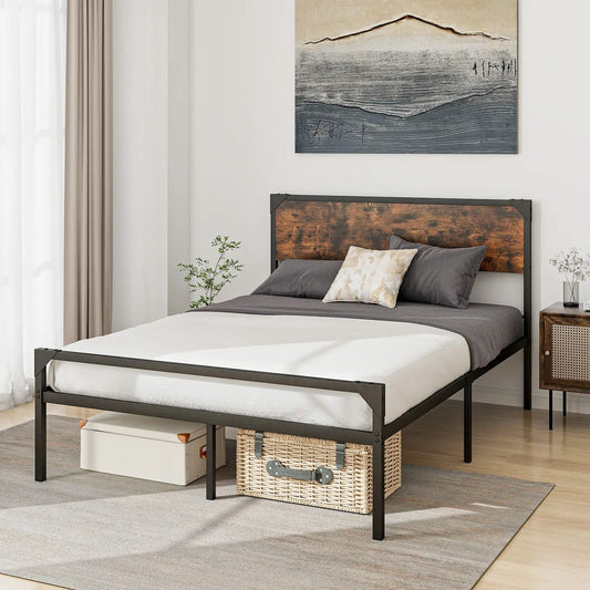 Platform bed with rustic wood headboard and metal frame; gray bedding, two under-bed storage boxes on Tampa Home & Garden Store