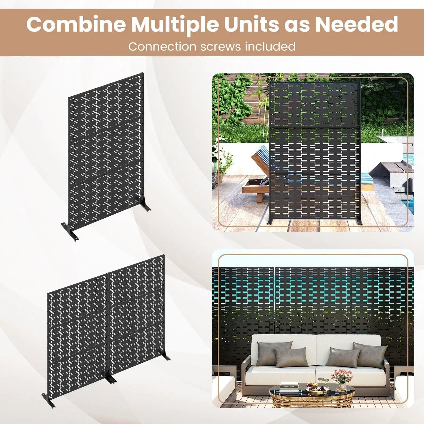 Metal privacy screen freestanding panel in black with lattice cutout pattern on Tampa Home & Garden Store