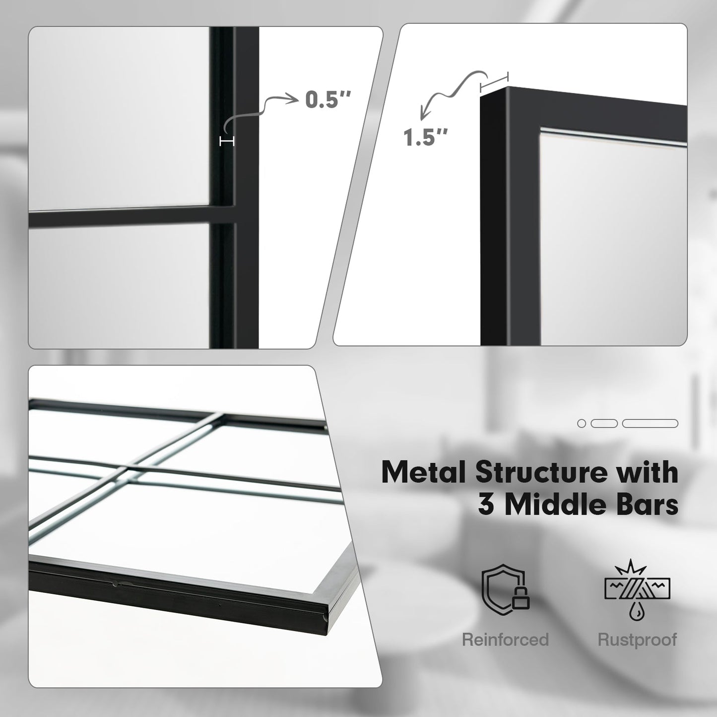Espejo de pared decorativo de 3 capas con marco de metal para comedor y sala de estar - Negro