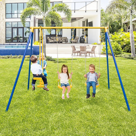 Swing Set with 2 Swing Seats and 2 Glider Seats blue frame with yellow crossbar in backyard on Tampa Home & Garden Store