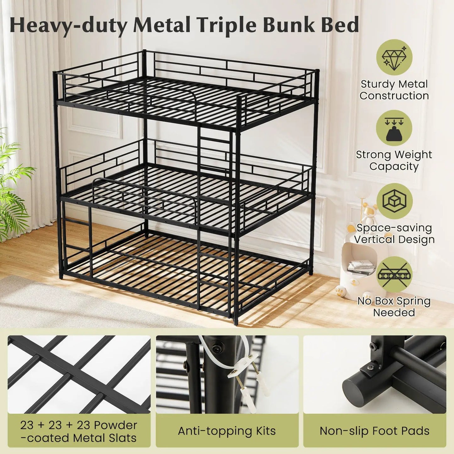 Metal Triple Bunk Bed by DirectDeals in black with guardrails and ladders on Tampa Home & Garden Store