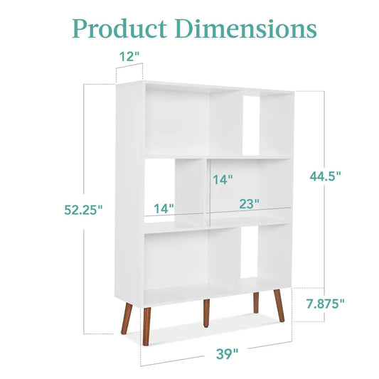 Mid Century Modern white bookcase shelving unit with cubby shelves and tapered wood legs HomePacific on Tampa Home & Garden Store