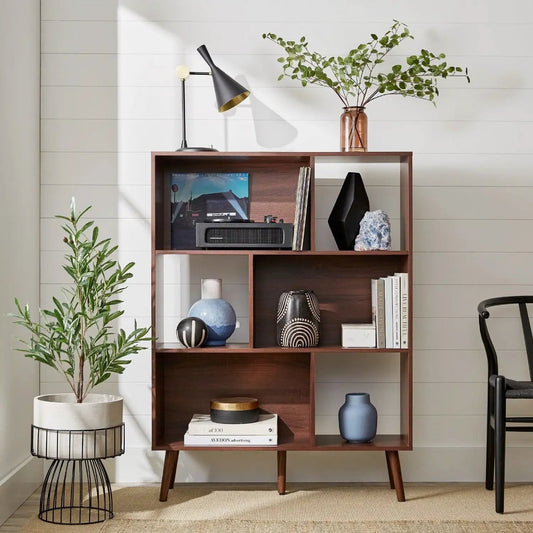 Mid Century Walnut Bookcase with Storage Shelves open cubbies displaying records on Tampa Home & Garden Store
