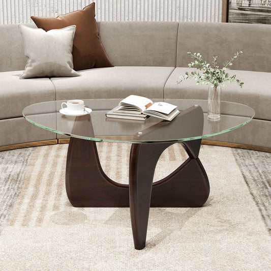 Triangle Coffee Table with Tempered Glass Top and Adjustable Rubber Wood Base-Walnut - Tampa Home & Garden Store