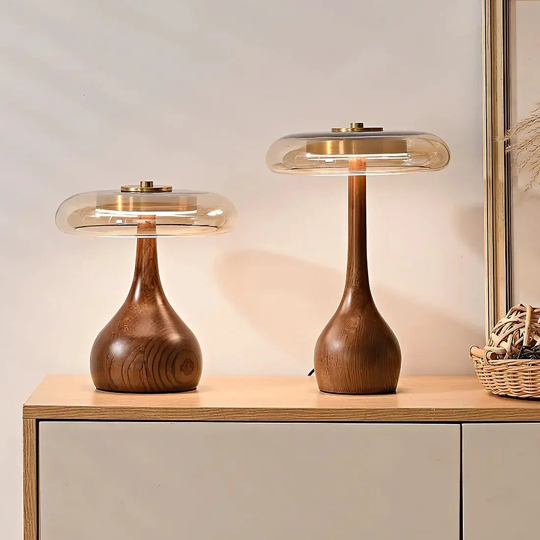 Mid Century Walnut Wood Glass Table Lamp LED pair with glass disc shade on Tampa Home & Garden Store