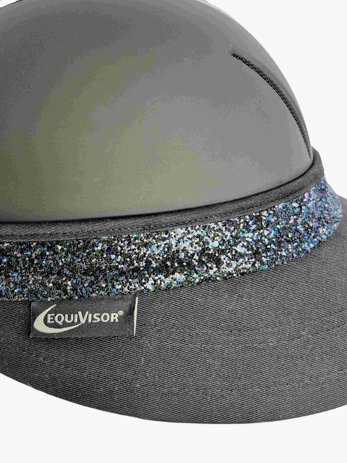 EquiVisor Glitz Sun Protection sun visor with gray crown and glitter denim brim on Tampa Home & Garden Store