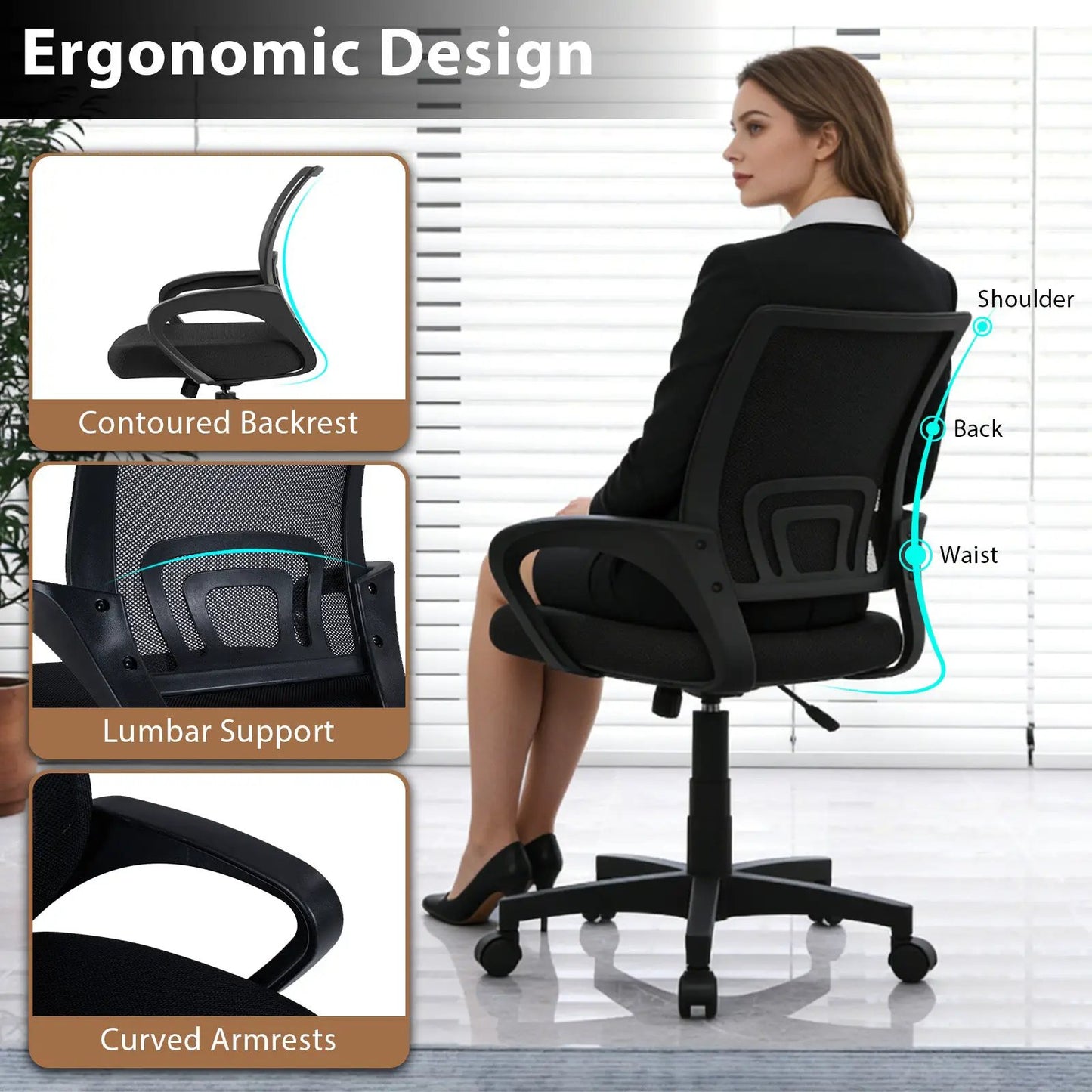 Mid Back Mesh Office Chair with lumbar support, black contoured mesh back, curved armrests on Tampa Home & Garden Store