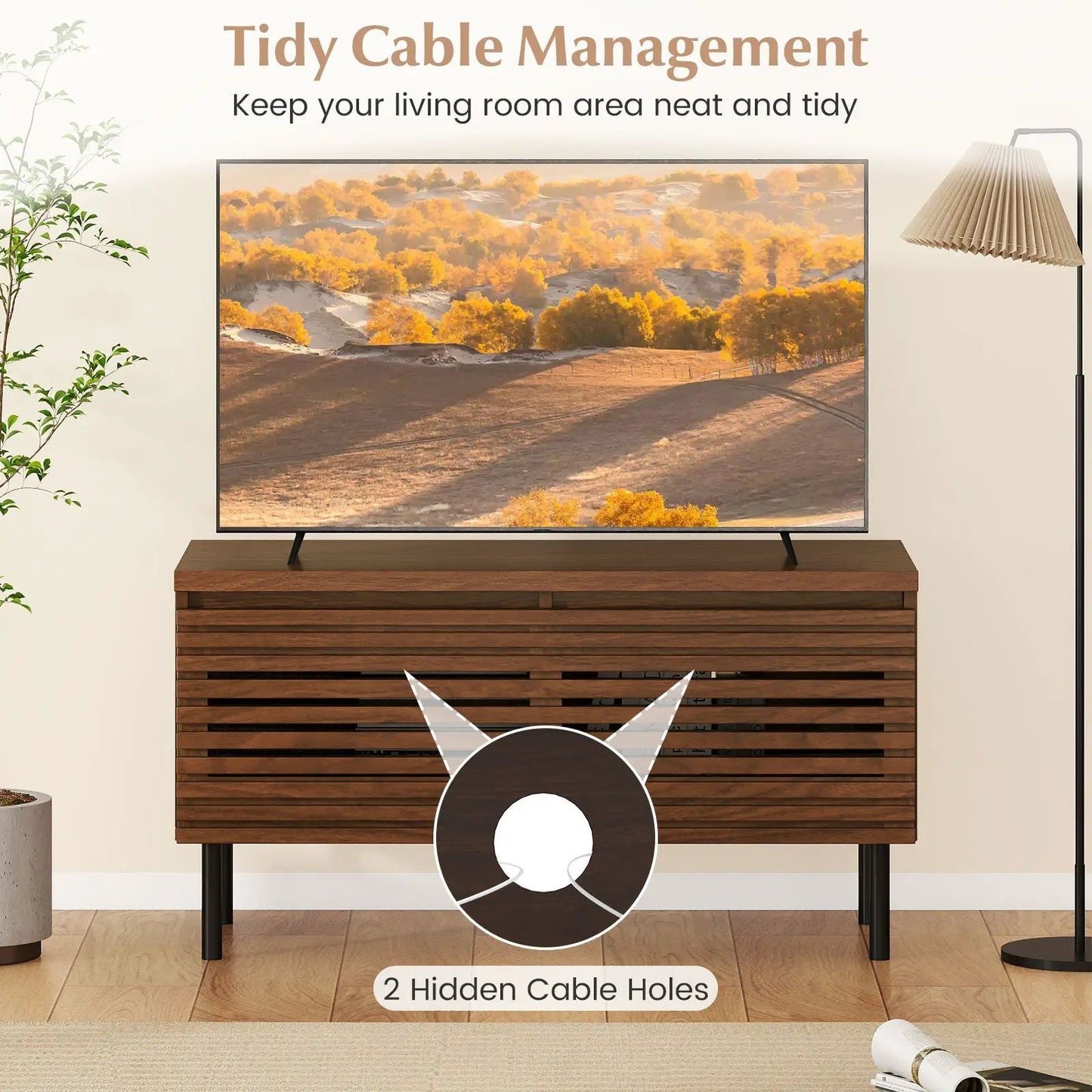 Mid Century Fluted Walnut TV stand for 40in TV with 2 hidden cable holes and metal legs on Tampa Home & Garden Store