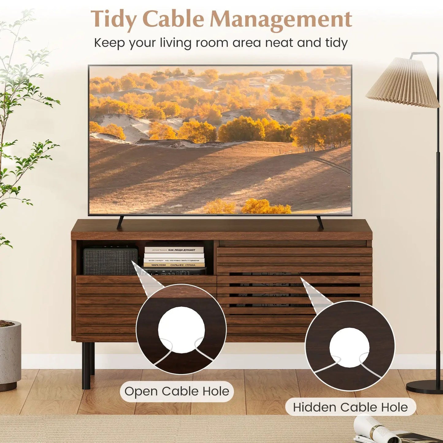 Mid Century Fluted Walnut TV Stand for 40 Inch TV with open and hidden cable holes on Tampa Home & Garden Store