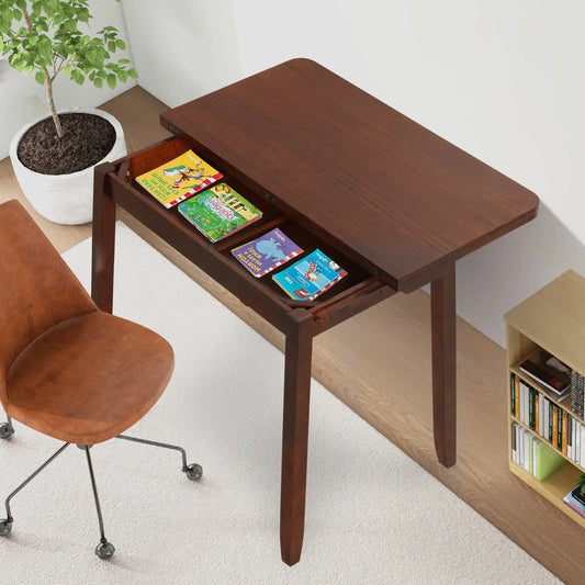 Mid-century extendable dining table for 4 in dark wood with storage drawer holding books on Tampa Home & Garden Store