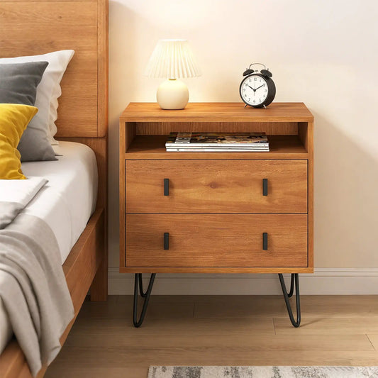 Mid Century Modern Walnut Nightstand with Storage, 2 drawers, open shelf, hairpin legs on Tampa Home & Garden Store