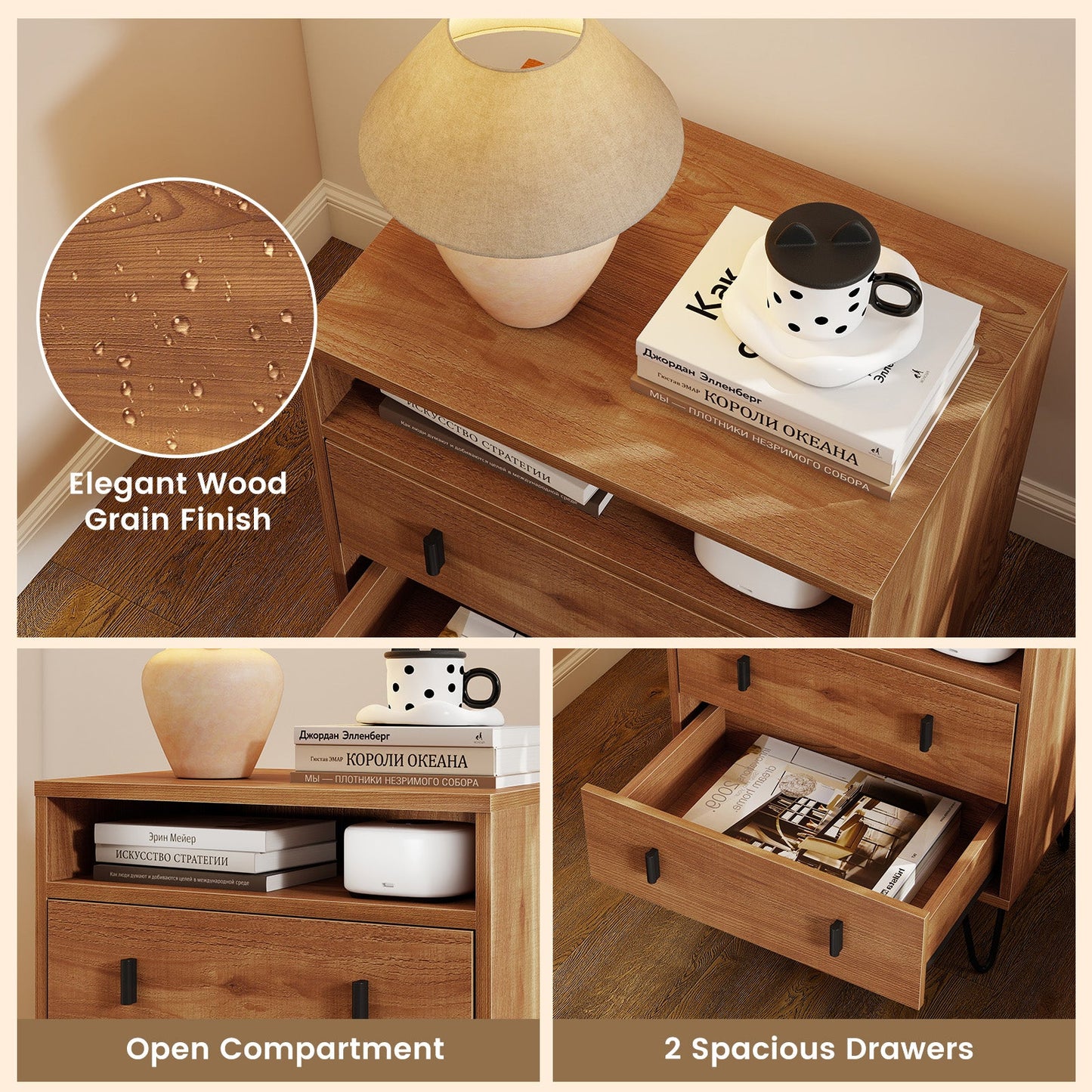 Mid Century Modern 2-Drawer Nightstand with Storage Compartment-Walnut