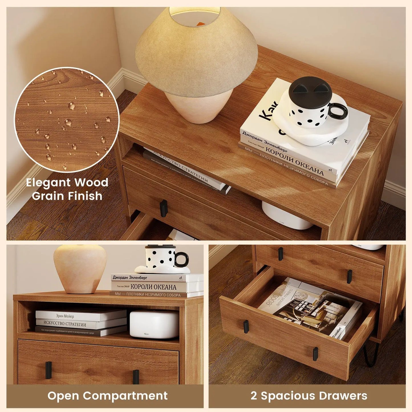 Mid Century Modern Walnut Nightstand with Storage, 2 drawers, DirectDeals on Tampa Home & Garden Store