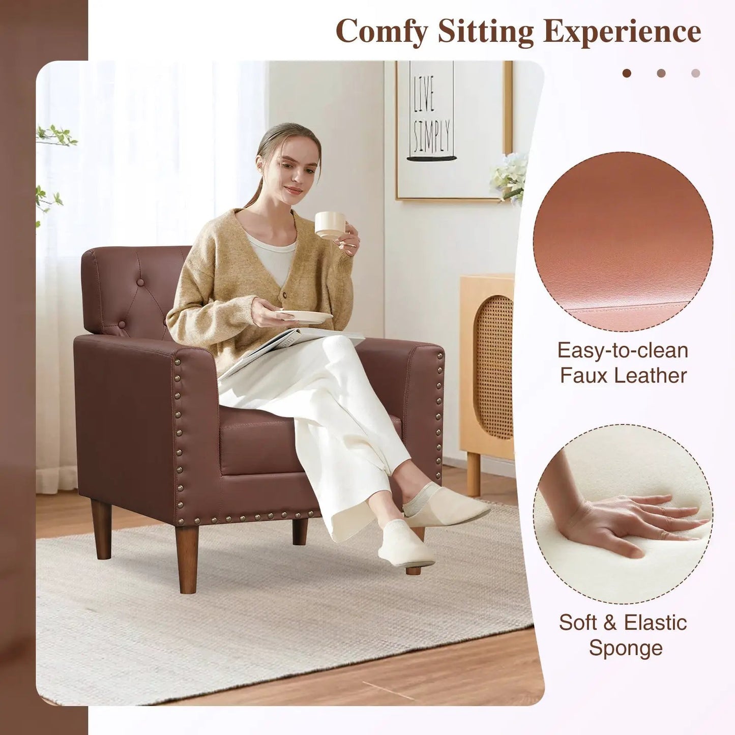 Mid Century Modern Accent Chair DirectDeals brown faux leather with button tufting rivets on Tampa Home & Garden Store