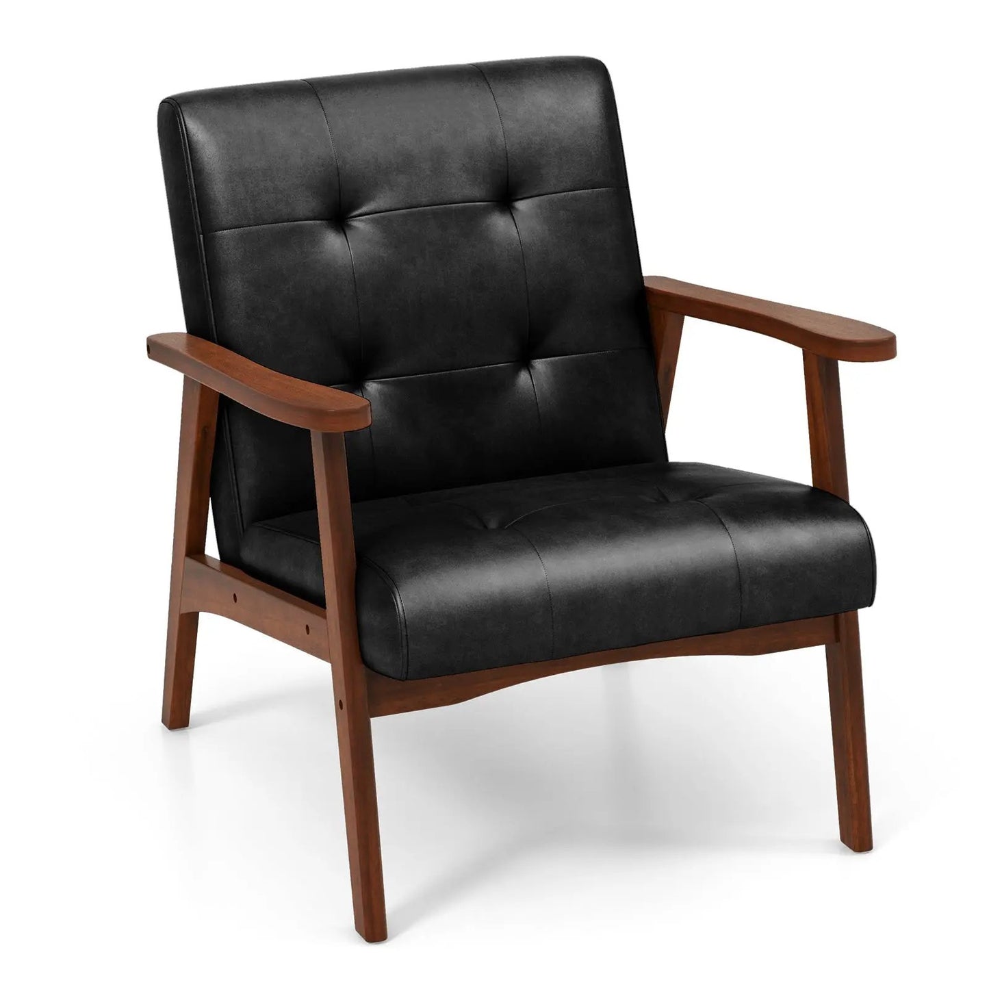Mid Century Modern Leather Accent Chair with solid rubber wood frame and black upholstery on Tampa Home & Garden Store