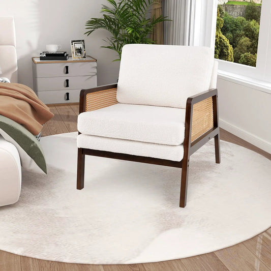 DirectDeals Mid Century Modern Accent Chair with Rattan Arms, cream fabric and dark wood on Tampa Home & Garden Store