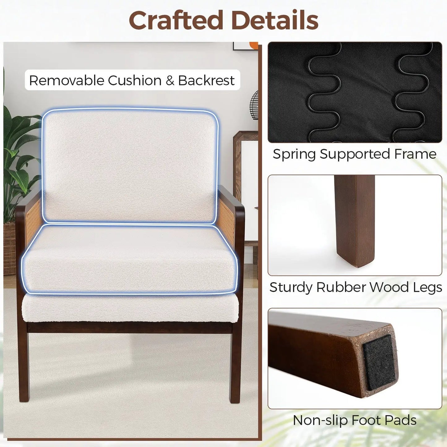 Mid Century Modern Accent Chair with Rattan Arms, removable beige cushions by DirectDeals on Tampa Home & Garden Store