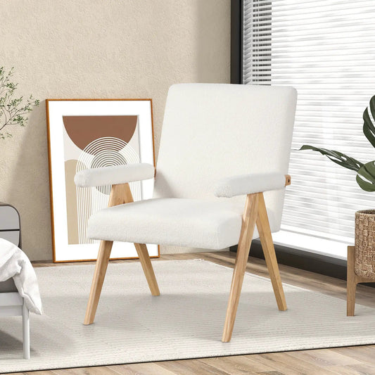 Mid Century Modern Accent Chair white fabric upholstery with rubber wood legs on Tampa Home & Garden Store
