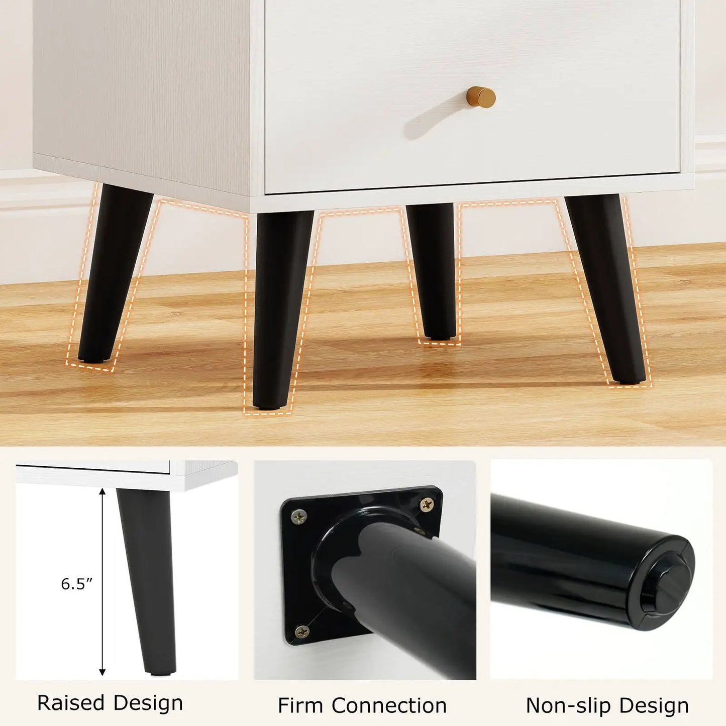 Mid Century Nightstand white finish with black tapered legs and golden knobs on Tampa Home & Garden Store