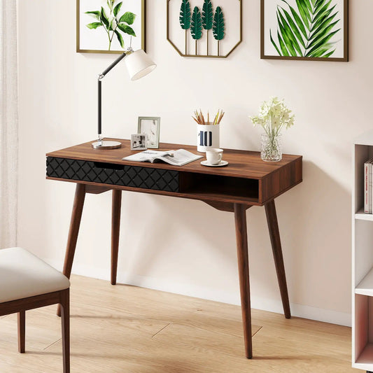 Mid-Century Modern computer desk with drawer, walnut, black quilted front DirectDeals on Tampa Home & Garden Store