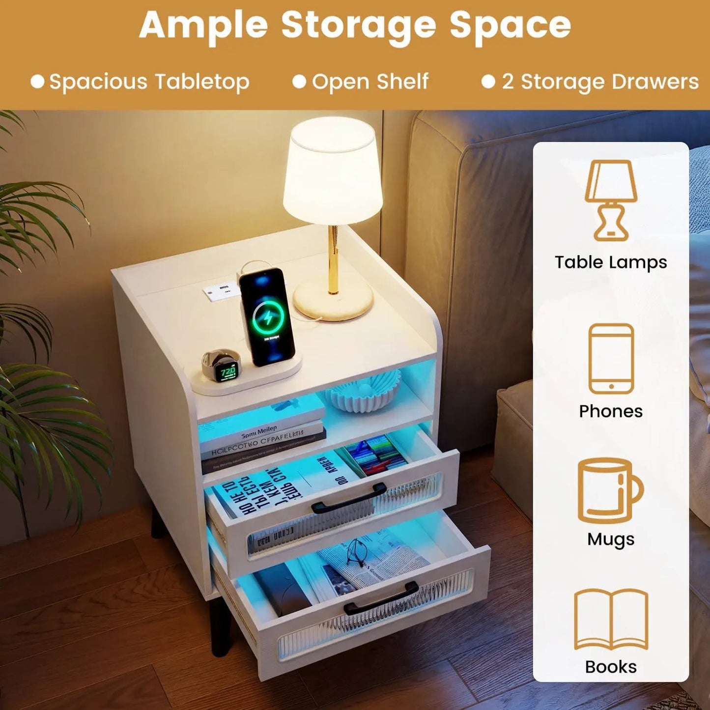 DirectDeals white nightstand with charging station and LED lights, open shelf and 2 drawers on Tampa Home & Garden Store