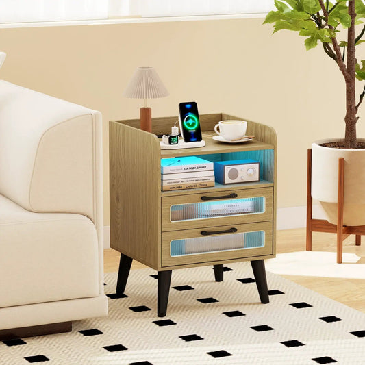 Nightstand with Charging Station and LED Lights, wooden with blue LED glow DirectDeals on Tampa Home & Garden Store