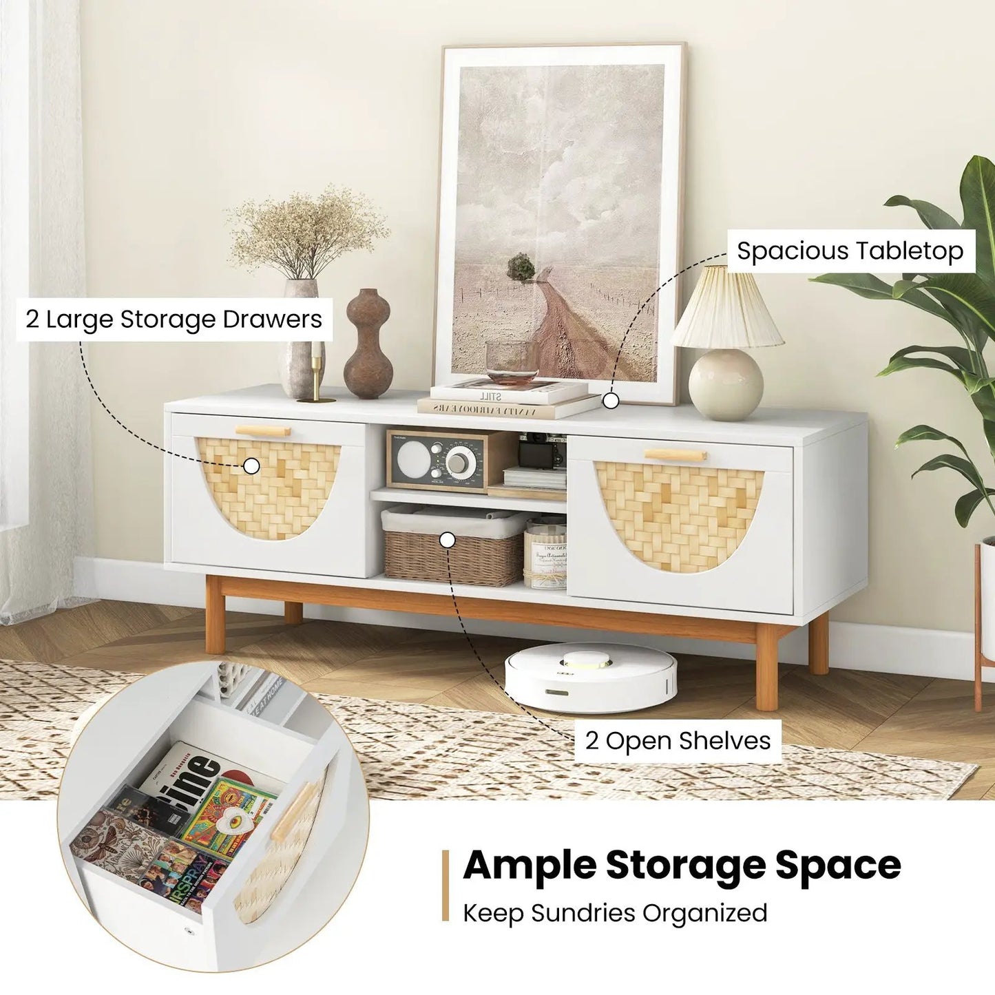 Mid Century Modern TV Stand Entertainment Center for 55-Inch TV with 2 Drawers and Bamboo Woven Fronts-White - Tampa Home & Garden Store