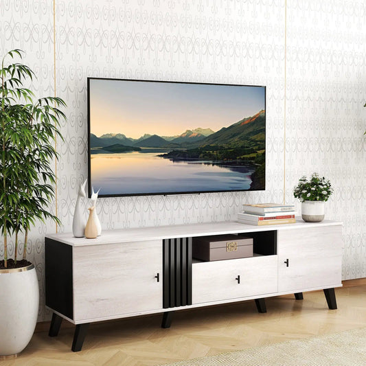 Mid Century Modern Oak TV Stand with black legs and center slat for 80 inch TVs on Tampa Home & Garden Store