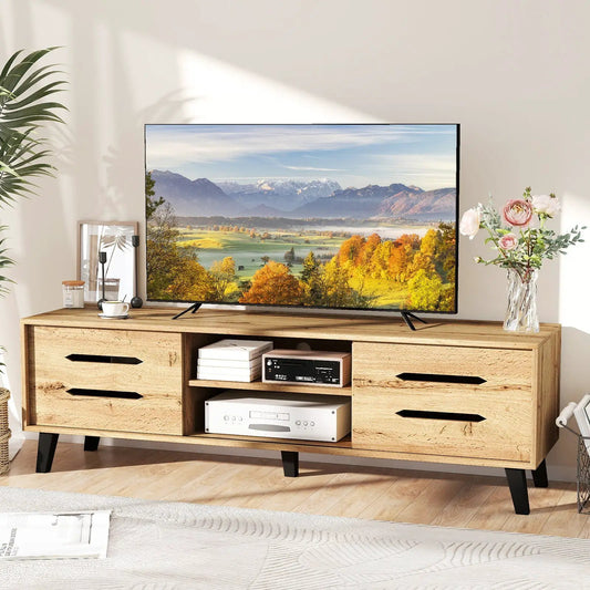Mid Century Modern TV Stand with sliding doors in natural wood finish on Tampa Home & Garden Store