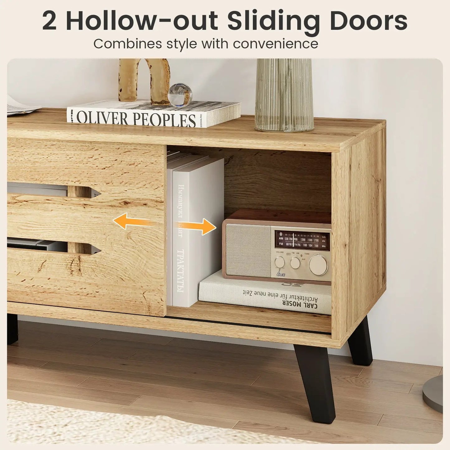 Mid Century Modern TV Stand with Sliding Doors natural wood finish cabinet storage on Tampa Home & Garden Store