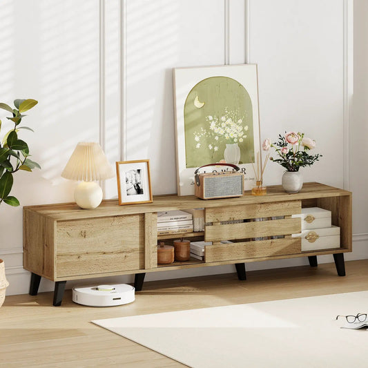Mid Century Modern oak TV stand with storage cabinets and open shelves for 80 inch TVs on Tampa Home & Garden Store