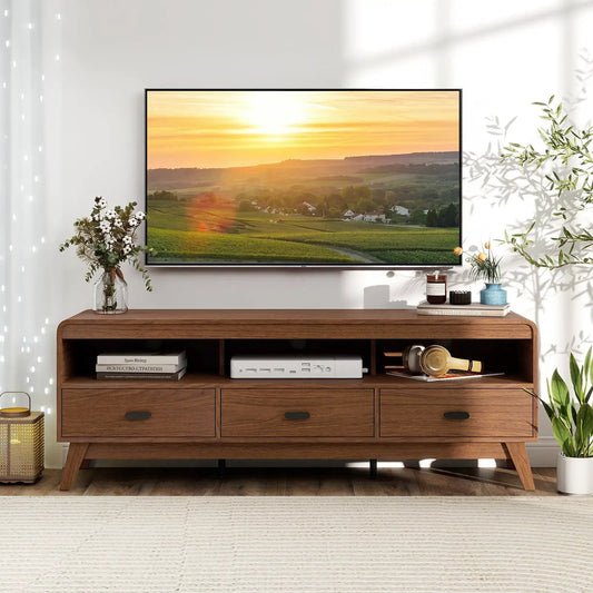 Walnut mid-century TV stand for 70 inch TVs with open shelves and three storage drawers on Tampa Home & Garden Store