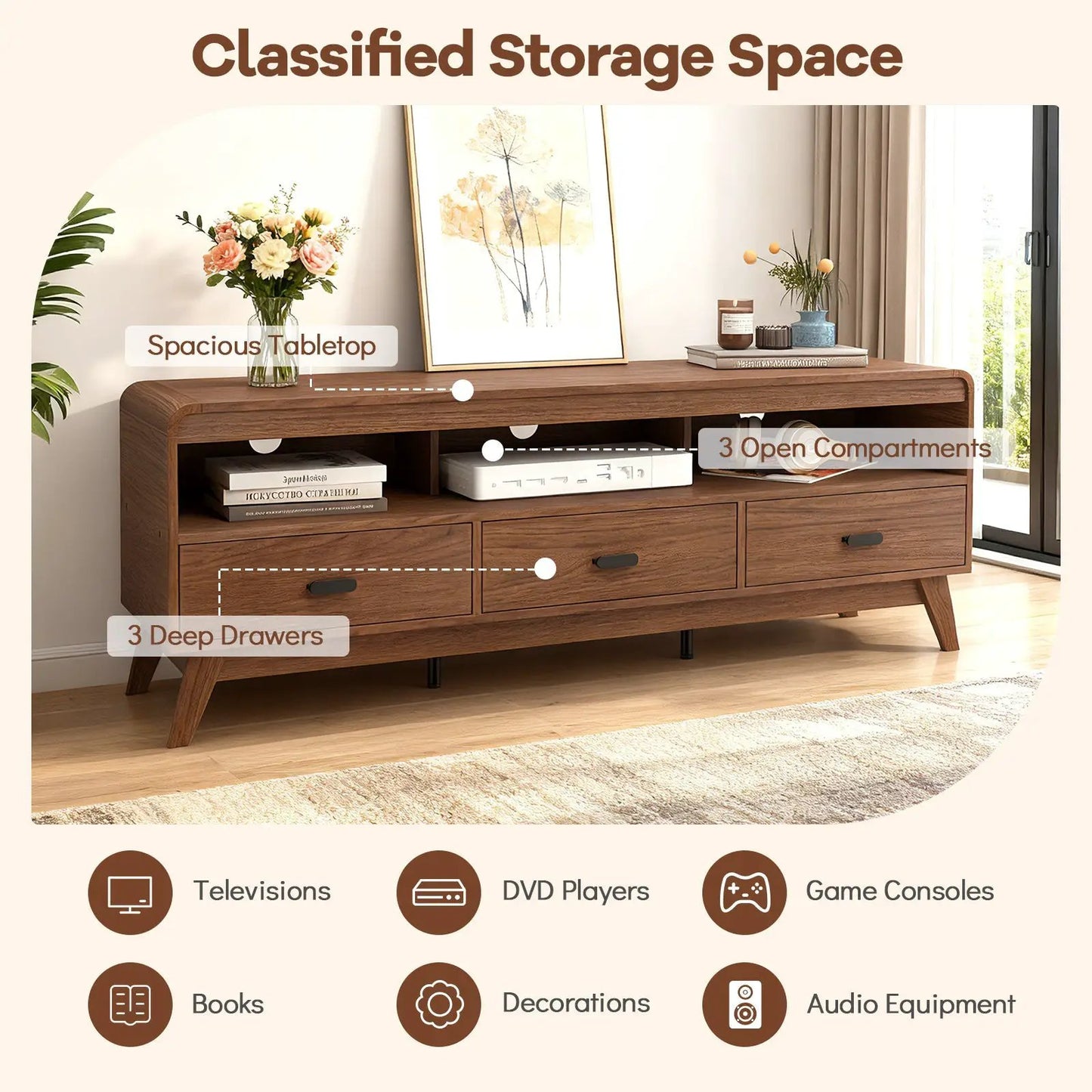 Walnut mid-century TV stand for 70 inch TVs with 3 drawers and open shelves on Tampa Home & Garden Store