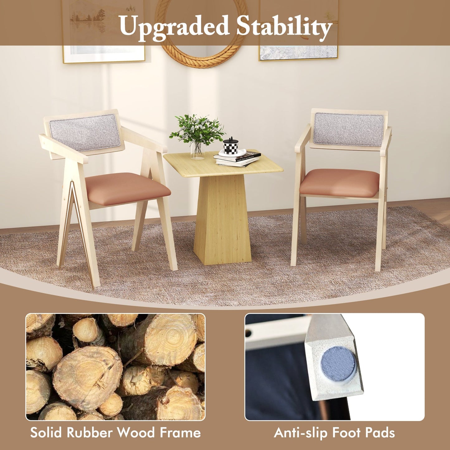 Sillones decorativos de madera de mediados de siglo con cojines de asiento de piel sintética, juego de 2 - Beige