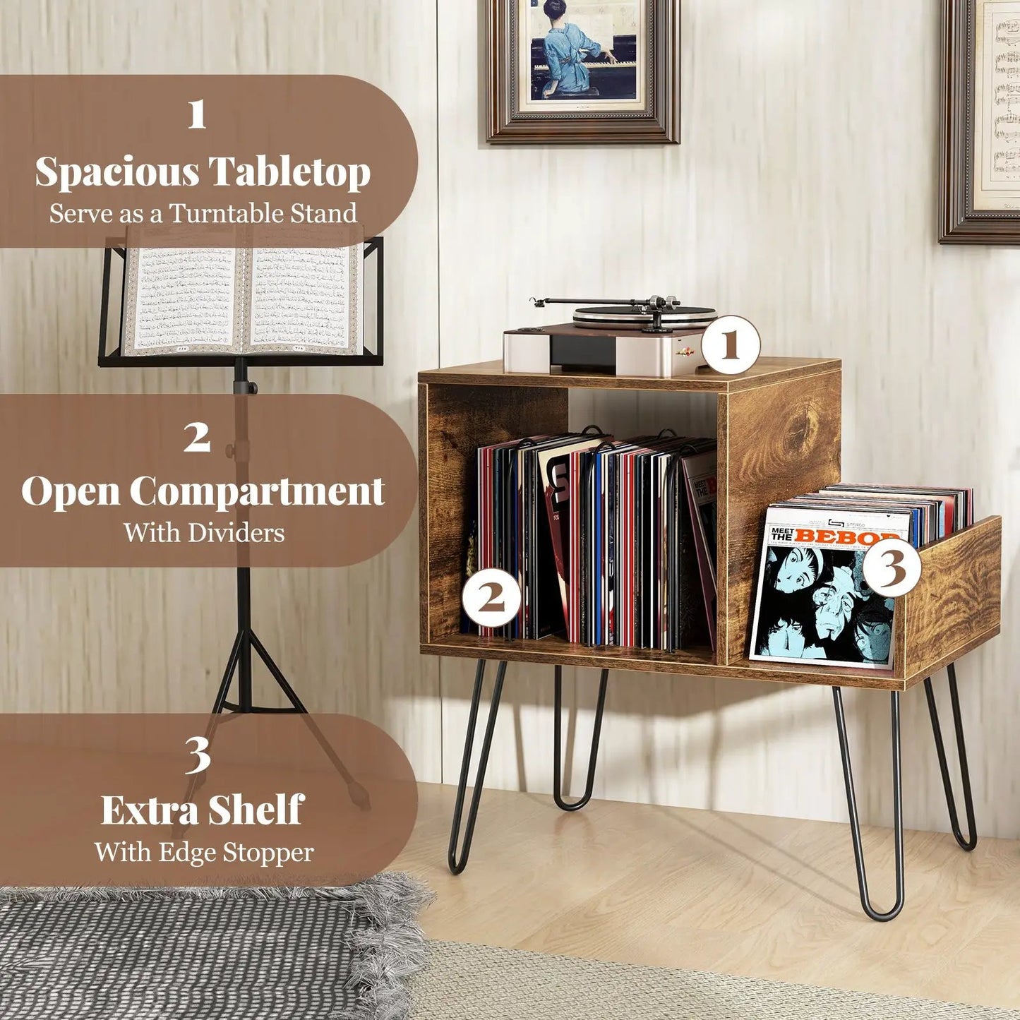 Mid Century Record Player Stand with Outlet rustic brown turntable on top and vinyl shelf DirectDeals on Tampa Home & Garden Store