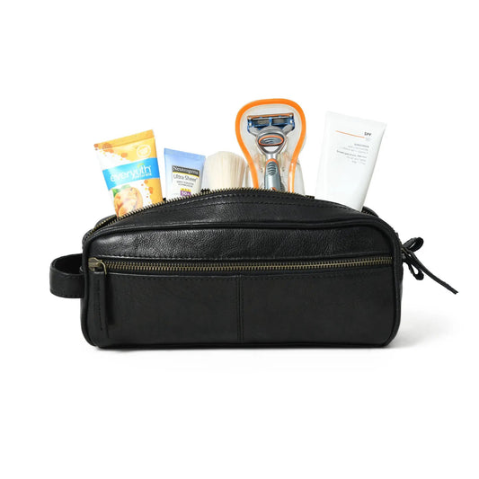 Midnight Deluxe Toiletry Bag Twin Section in black leather with zippered compartments on Tampa Home & Garden Store