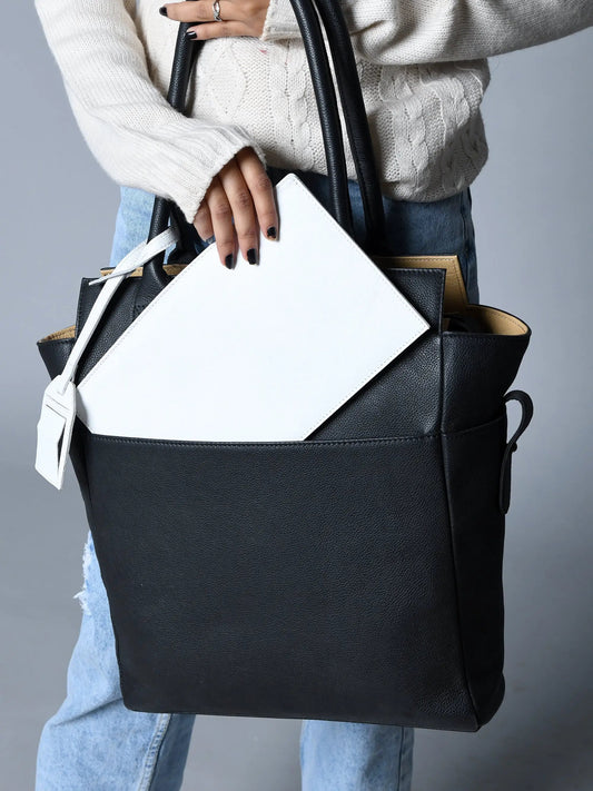 Midnight Elegance Noir Tote in black fine-grain leather with white panel on Tampa Home & Garden Store