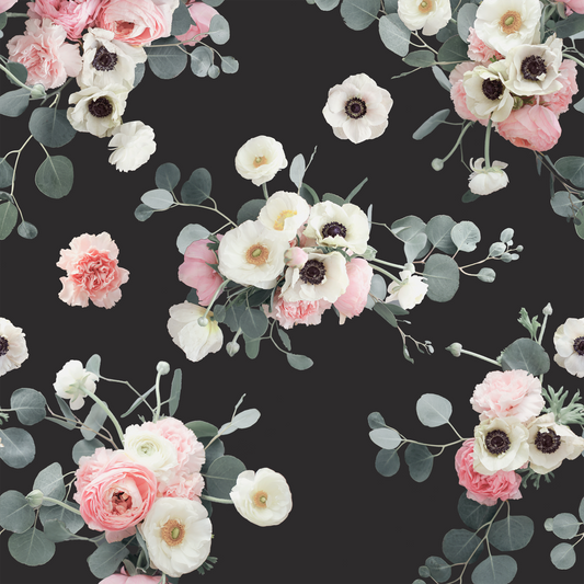 Midnight floral wallpaper black background pink-cream blossoms Samantha Santana Creative on Tampa Home & Garden Store