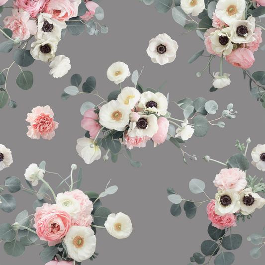 Midnight Floral Wallpaper gray textured background with pink and white flowers and eucalyptus on Tampa Home & Garden Store