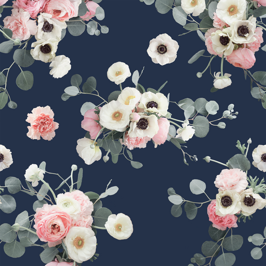 Midnight Floral Wallpaper navy matte finish with pink and white blossoms and eucalyptus on Tampa Home & Garden Store
