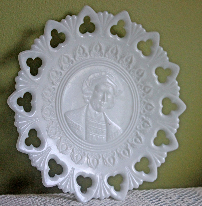 Milk Glass Display Plate with Lacy Rim - Embossed Columbus - Tampa Home & Garden Store
