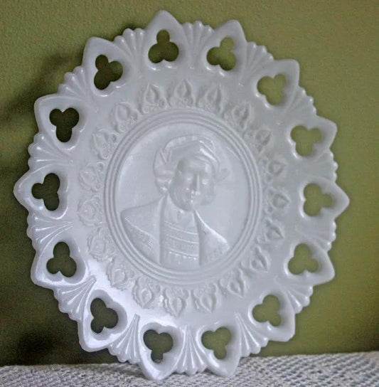 Milk Glass Display Plate with Lacy Rim - Embossed Columbus - Tampa Home & Garden Store