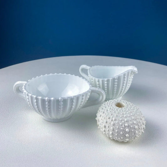 Milk Glass Sea-Urchins Creamer and Sugar. Nautical Themed White Serving Dishes/Accessories. Set of Two. Vacation, Tropical, 2nd Home. - Tampa Home & Garden Store