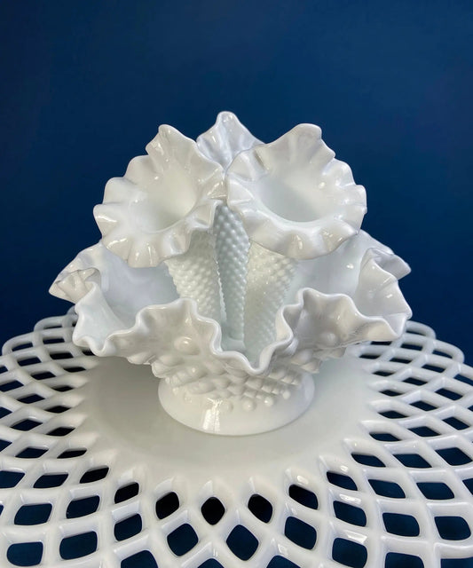 Milk Glass Three Horn Epergne Flower Vase. Fenton, Hobnail Vase & Bowl Combined. Table Centerpiece with Ruffled Rim. - Tampa Home & Garden Store