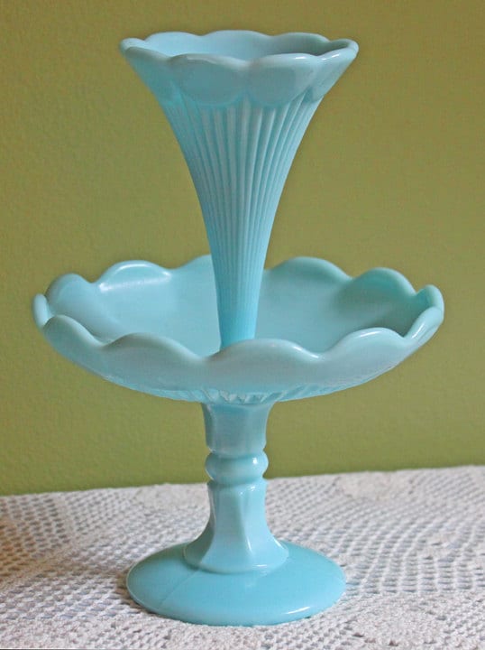 Milk Glass Three Horn Epergne Flower Vase. Fenton, Hobnail Vase & Bowl Combined. Table Centerpiece with Ruffled Rim. - Tampa Home & Garden Store