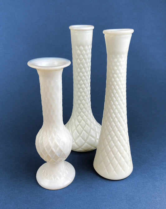 Milk Glass Vases. Collection of Three Differently Quilted & Shaped Flower Vases. Wedding Decor. Spring Celebration. White Fine Dining. Finie - Tampa Home & Garden Store