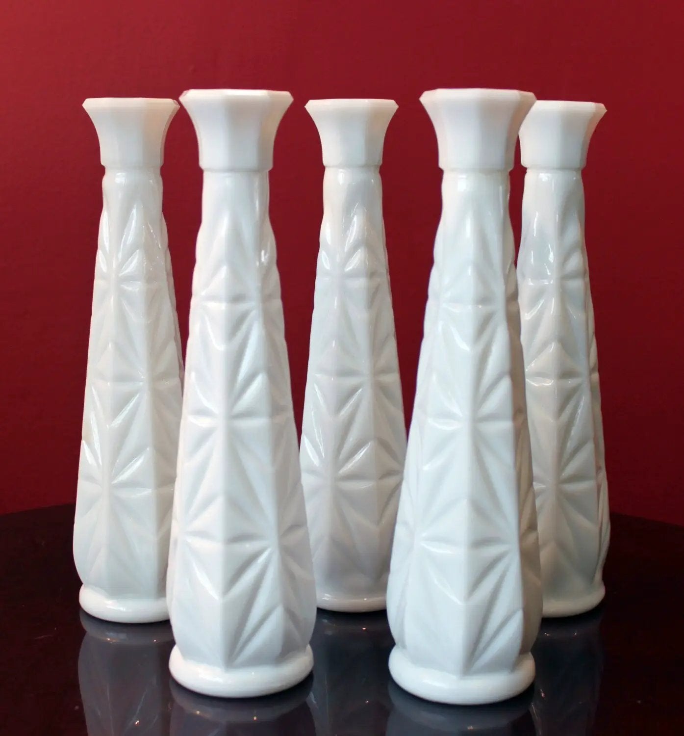 Milk Glass Vases set of several tall, tapered forms with quilted flower shapes in white on Tampa Home & Garden Store